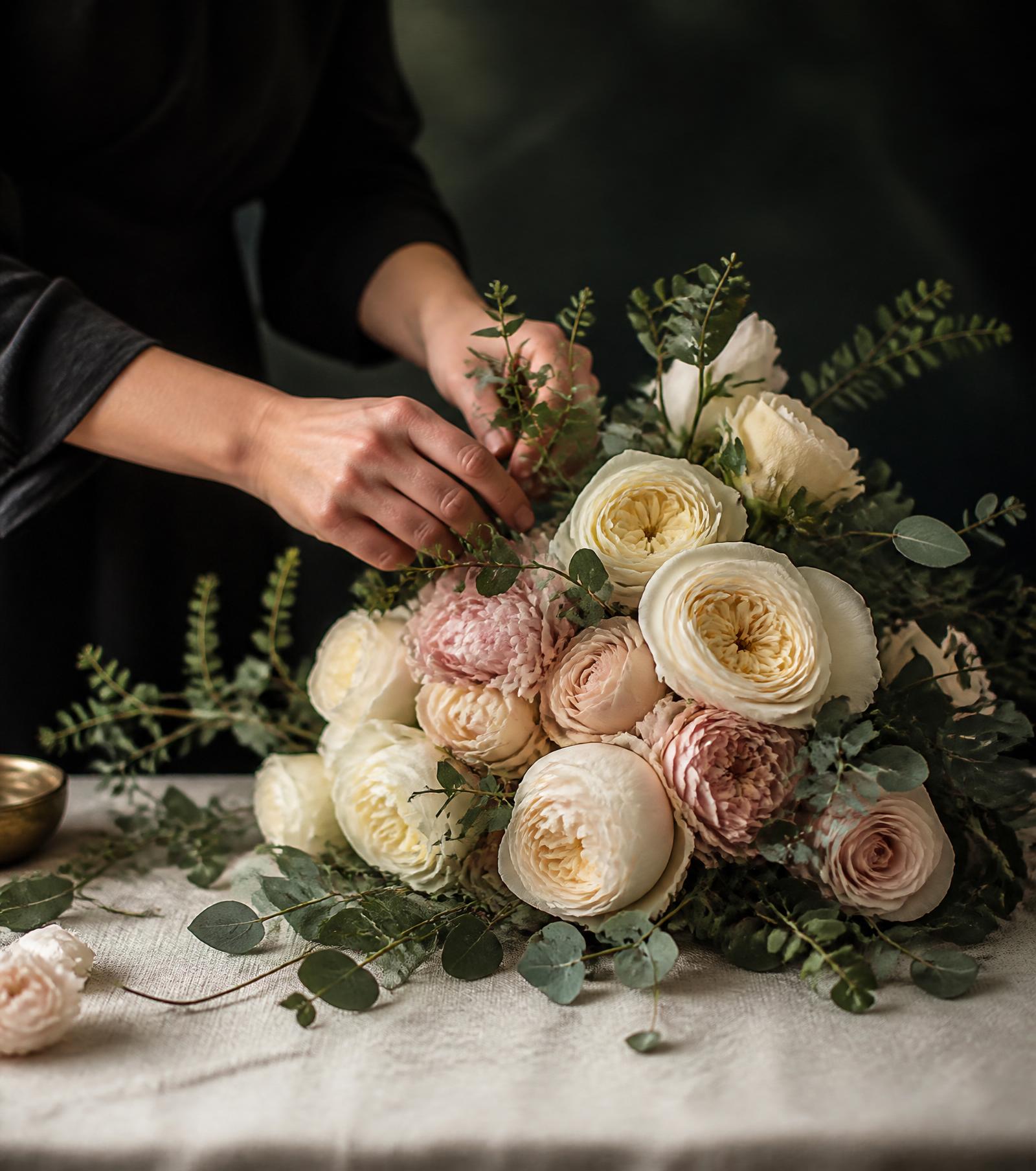 Florist hand-arranging a bouquet of ivory and blush roses